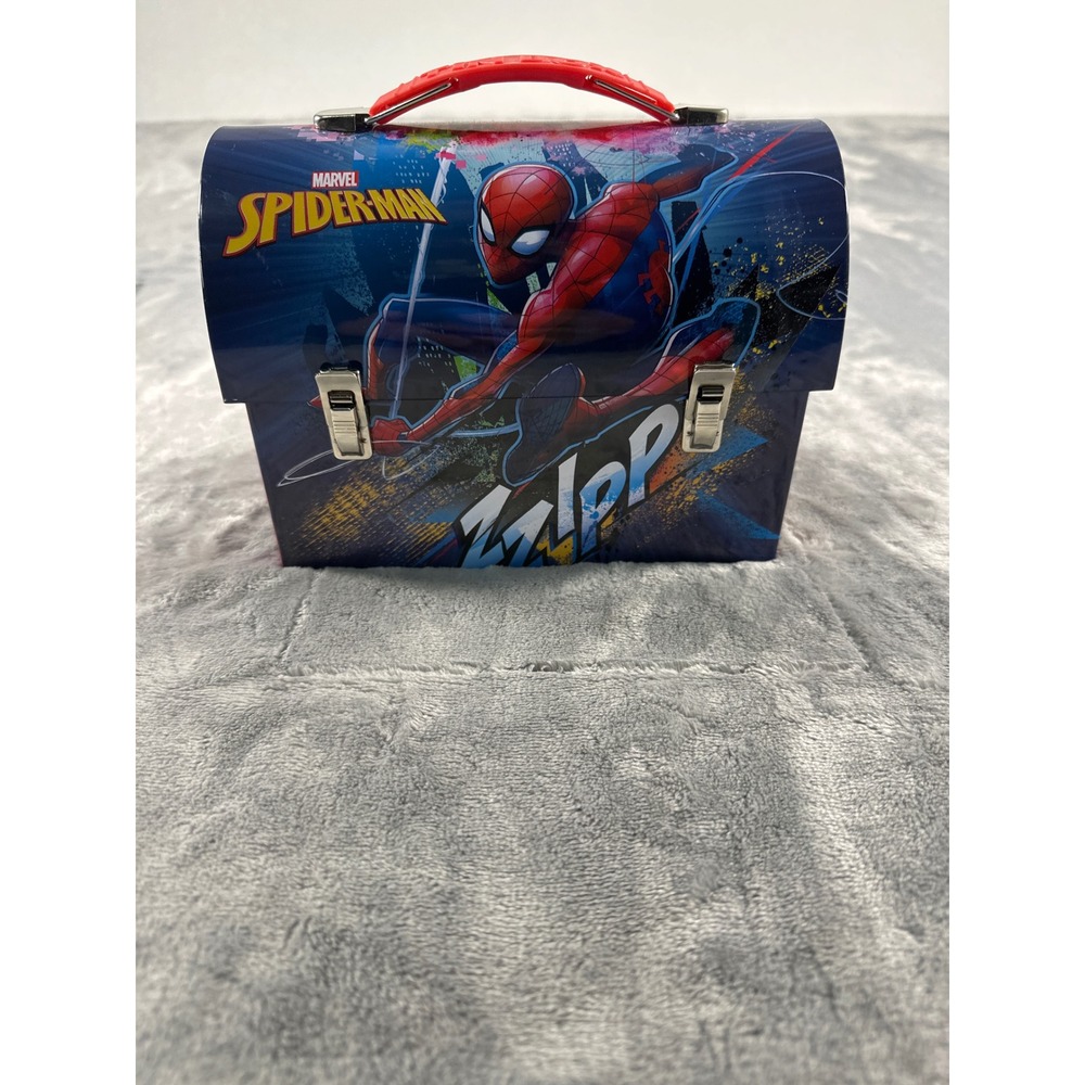 Marvel Spider-Man Zipp Tin Box Metal Lunch Box Dome Top Storage Chest Blue Red